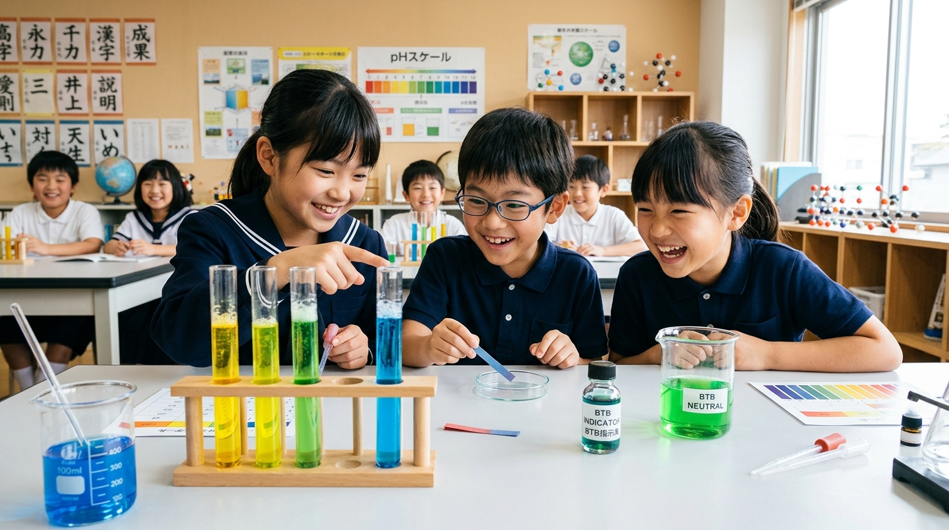 BTB液やリトマス紙で色が変わる科学水溶液実験に目を輝かせる子どもたち